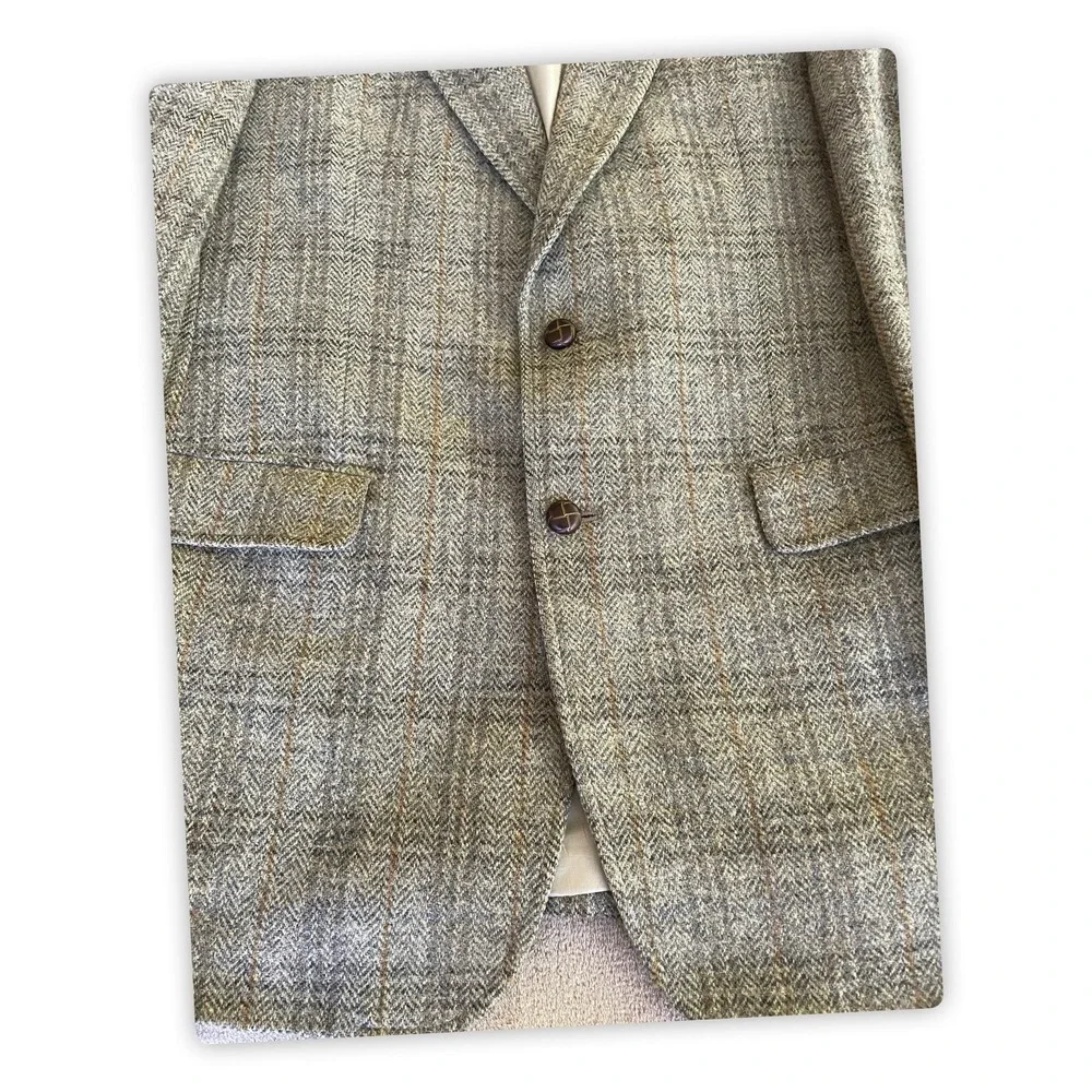 Jos A Bank Harris Tweed 42L Wool Sport Coat Blazer Earth Tone Plaid Scotland